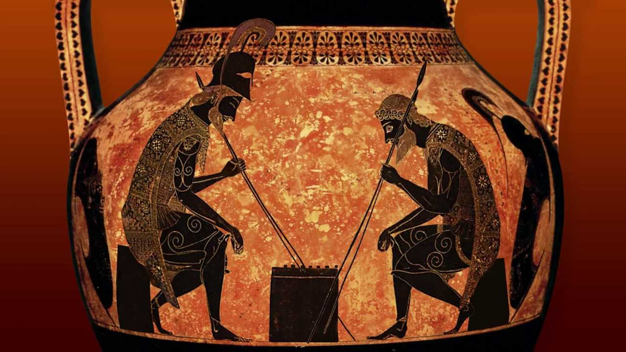Detail from an Ancient Greek vase depicting the warriors Achilles and Ajax sitting playing dice.
